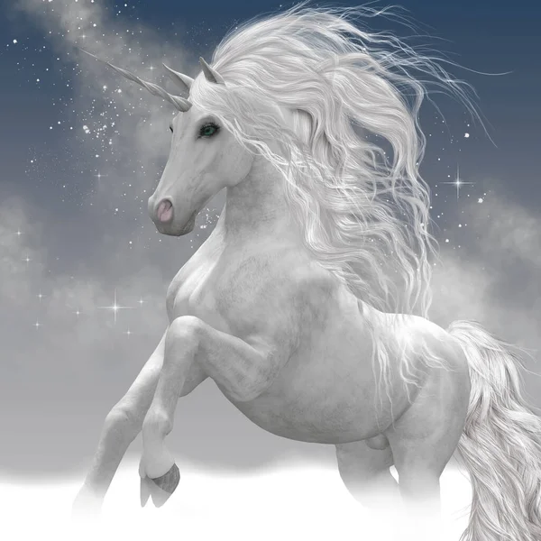 The Unicorn is a mythical creature that has a horse body with forehead horn and cloven hooves.