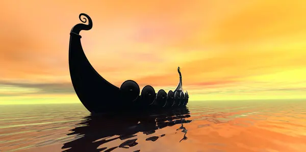 Bir Viking Kayığı Ticaret Macera Için Yeni Kıyılara Gidiyor — Stok fotoğraf