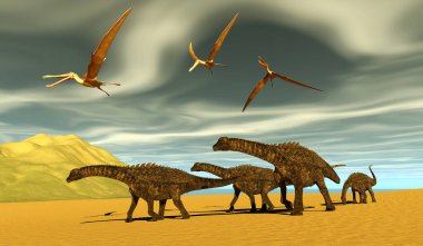 Bir Ampelosaurus dinozor sürüsü Kretase Dönemi 'nde sahilden geçerken Anhanguera Pterosaurs tepemizde uçuyor..