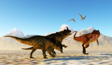 Uçan Pteranodon sürüngenleri Carcharodontosaurus 'un Brachyceratops dinozorlarına saldırışını izliyor..