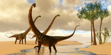 Mamenchisaurus Sauropod dinozorları Wattieza ağaçlarının olduğu bir derede oynarlar..