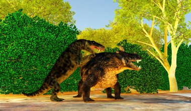 Inostrancevia tries to sink his fangs into the tough hide of an Estemmenosuchus synapsid animal. clipart