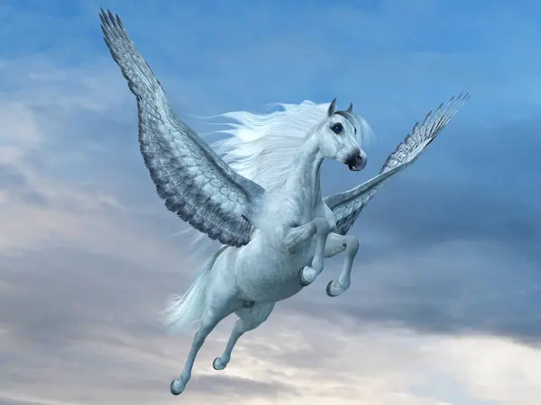 stock image A beautiful white Pegasus stallion, a legendary mythical horse with wings, takes off for the sky.