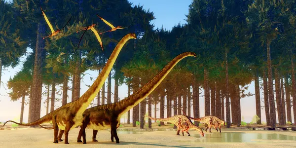 Mamenchisaurus ve Dicraeosaurus dinozorları Rhamphorhynchus Pterosaurs üzerinden uçarken bir göletten su içmek için gelirler..