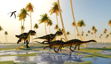 Bir Dimorphodon Pterosaur, Allosaurus dinozorlarının bir sonraki yemek için Anchisaurus dinozorlarının peşinden koşmasını izler..
