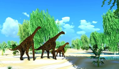 Atlasaurus, Fas 'ın Jurassic Dönemi, Kuzey Afrika' da yaşayan büyük bir otçul dinozordur. İki Atlasaurus dinozoru bir çocuğa gölete kadar eşlik ediyor..