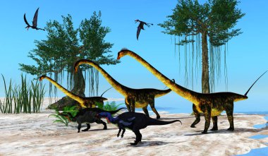 Dorygnathus Pterosaurs grubu üzerinde uçarken Camptosaurus dinozorları da Barosaurus Sauropod dinazorlarına katılıyor..