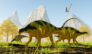 Brachytrachelopan, Arjantin 'de Jurassic Dönemi boyunca yaşamış bir Sauropod otobur dinozorudur. Bir Pteranodon, bir grup Brachytrachelopan dinozorunun üzerinde uçuyor..