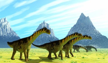 Camarasaurus, Kuzey Amerika 'nın Jurassic döneminde sürüler halinde yaşayan bir Sauropod otobur dinozorudur. Burada düzlükler boyunca yolculuklarında seyrek bitkiler yiyorlar..