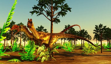 Dilophosaurus etobur dinozorlar, Cordaites angulostriatus ağaçları arasında av arıyorlar..
