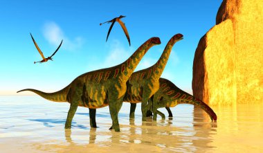 Rhamphorhynchus Pterosaur Jurassic döneminde su içen bir Jobaria sürüsünün üzerinden uçar..