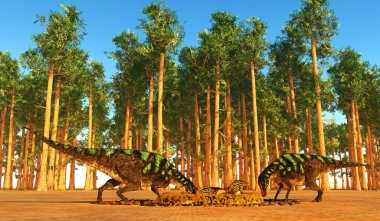 Maiasaura ebeveynleri, Kuzey Amerika 'nın Kretase Dönemi boyunca yumurtalarından çıkan yavrularını izliyorlar..