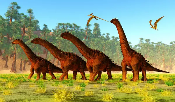 Alamosaurus, Kretase döneminde Kuzey Amerika 'da yaşamış bir Titanosaur Sauropod otobur dinozorudur. Pteranodon sürüngenleri sürüyü takip ediyor..