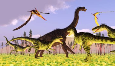 Monolophosaurus theropod dinozorları bir Brachiosaurus sauropod dinozoruna saldırıyor..