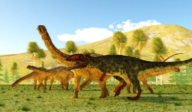 Bir Uberbatitan Sauropod dinozor sürüsü Kretase döneminde bir Giganotosaurus theropod dinozorunun saldırısı altında..