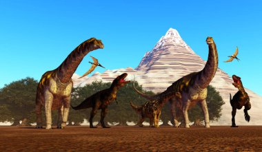 İki Tyrannotitan Theropod dinozoru Argentinosaurus Sauropod 'lara saldırarak yavrularını güvende tutmaya çalışıyor..
