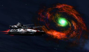 Bir yıldız gemisi uzayda bir süpernova patlamasının yanından geçiyor..