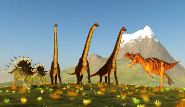 Bir Ceratosaurus theropod dinozoru bir Giraffatitan ve Kentrosaurus dinozor sürüsüne saldırıyor..