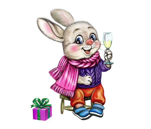 有趣的野兔与一杯香槟 象征新年根据中国的星座 日历2023 孤立的图像在一个白色的背景 — 图库照片