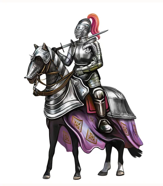 Medieval knight in armor on a war horse, illustration for a book, historical warriors and weapons, isolated image on a white background