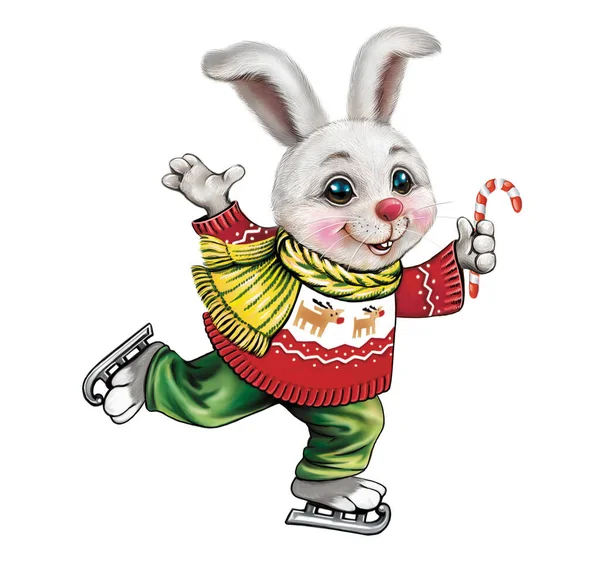 Funny Cartoon Bunny Winter Clothes Skating Hare Symbol New Year — Stock Photo, Image