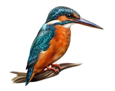 kingfisher, Alcedo atthis, small bird, realistic drawing, illustration for animal encyclopedia, isolated image on white background. clipart