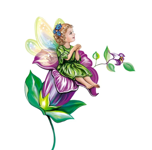little cute fairy on a flower, illustration for a fairy tale, isolated character on a white background