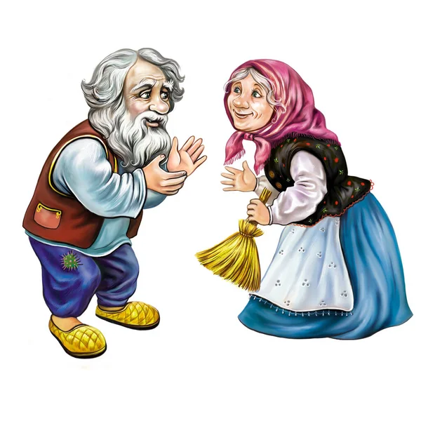 祖父和祖母 童话人物 民间故事中的卡通人物 白色背景上的孤立形象 — 图库照片