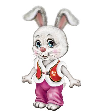 funny bunny in clothes, cartoon animal, fairy tale character, isolated image on a white background