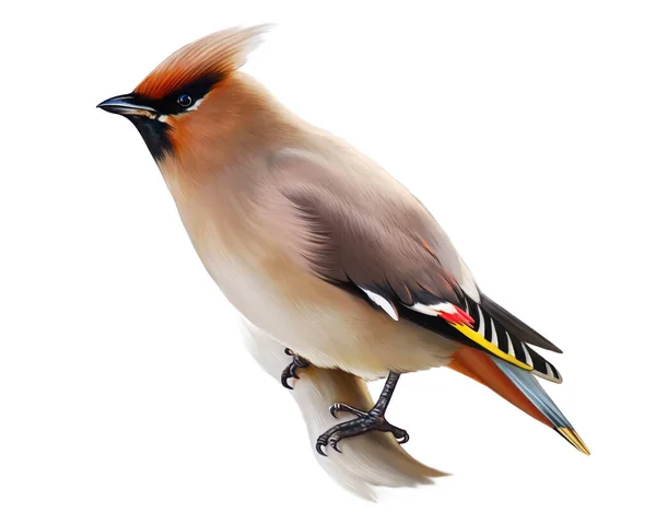 stock image Waxwing, Bombycilla garrulus, songbird, realistic drawing, illustration for animal encyclopedia, isolated image on white background