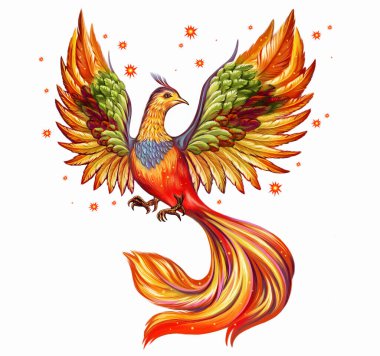 Phoenix, mitolojik uzun ömürlü kuş, ölümden sonra yeniden doğan, peri masalı karakteri, ateş kuşu, 2D çizim, beyaz arka planda izole edilmiş görüntü.