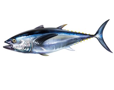 Pasifik mavi yüzgeçli ton balığı, Thunnus orientalis, deniz yırtıcı balığı, Scombridae familyasından uskumru, gerçekçi çizimler, deniz ve okyanus sakinleri, beyaz bir arka planda izole edilmiş görüntü.