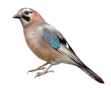 Jay, Garrulus Glandarius, Corvid ailesinin kuşu, gerçekçi çizim, hayvan ansiklopedisi için renk çizimi, beyaz arka planda izole edilmiş görüntü.