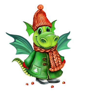 Funny cartoon dragon in winter clothes, symbol of 2024 according to the eastern calendar, Merry Christmas and Happy New Year greeting card, isolated image on a white background