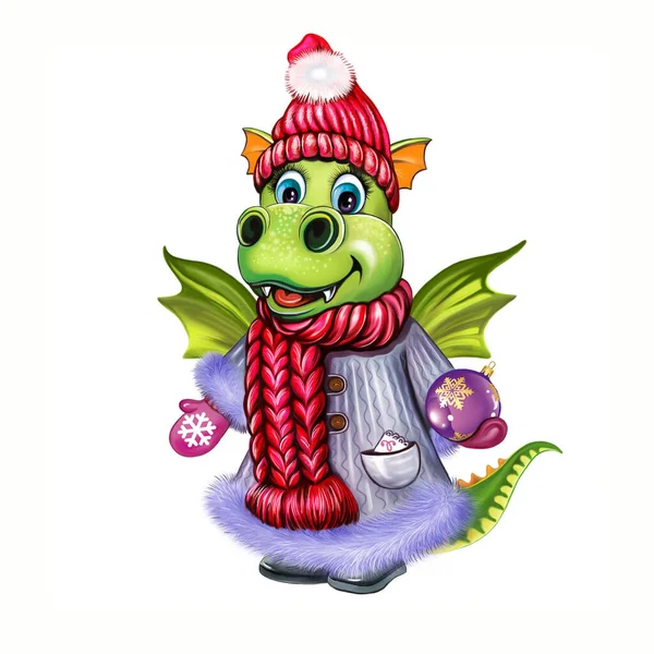 funny cartoon Dragon, a greeting card Merry Christmas, a symbol of 2024, an isolated character on a white background
