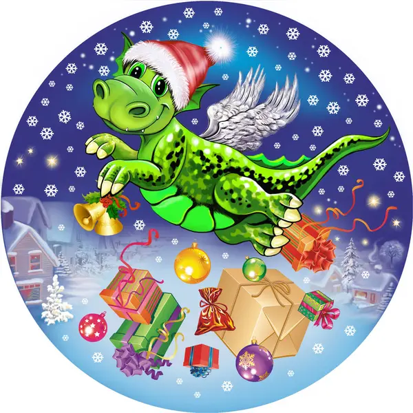 円形の包装のための面白いドラゴン印刷物 2024年の飛行ドラゴンのシンボル クリスマス 冬の風景 ロイヤリティフリーのストック画像