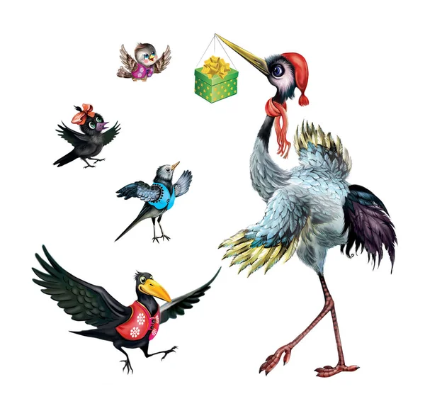 Смешные Мультяшные Птицы Журавль Подарком Клюве Иллюстрация Детской Книге Изолированное Стоковое Изображение