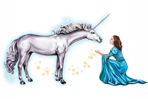 少女とユニコーン 妖精のキャラクター 子供の本のためのイラスト 白い背景の孤立したイメージ ストック写真