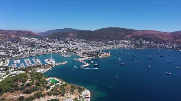 Bodrum City Sunny Day Vista Aérea Riviera Turca Turquia Drone — Vídeo de Stock