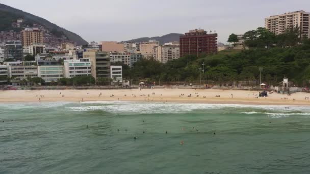 Rio Janeiro City Ipanema Beach Surfers Atlantic Ocean Aerial View — Stockvideo