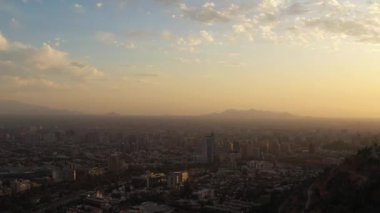 Santiago Skyline at Sunset. Aerial View. Chile. Drone Flies Forward