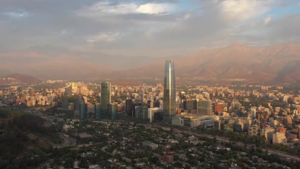 Santiago City Sunset Andes Mountains Aerial View Chile Orbiting – Stock-video