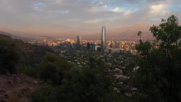 Santiago City Sunset Andes Mountains Aerial View Chile Drone Flies — Stock video