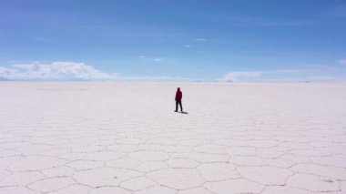Gezgin adam güneşli bir günde Uyuni Tuz Düzlüklerine bakıyor. Hava görüntüsü. Altiplano, Bolivya. Kurak Mevsim. Altıgen tuz oluşumları, çatlaklar ve desenler. Yörüngede. Geniş açı. Solo Seyahat Konsepti