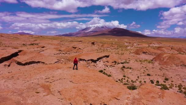 Reisender Mann Mit Blick Auf Den Vulkan Ollague Und Felsformationen — Stockvideo