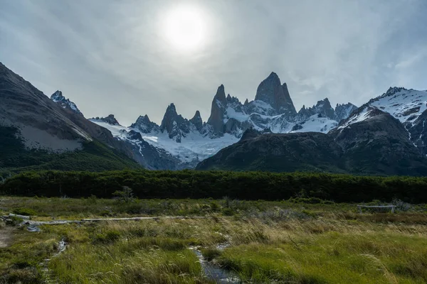 Mount Fitz Roy Green Meadow Andes Patagonia Argentina — Stock fotografie