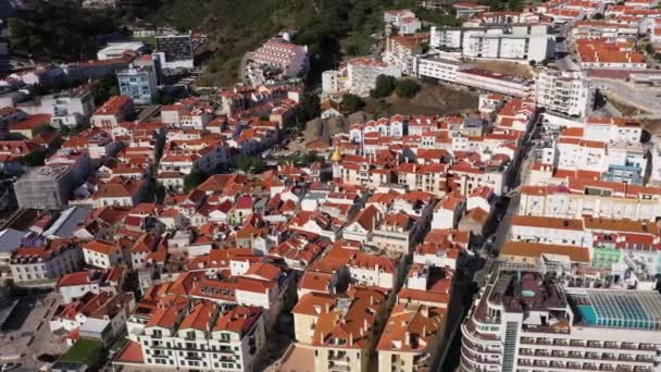 Edificios Ciudad Sesimbra Con Tejas Rojas Portugal Vista Aérea Drone — Vídeos de Stock