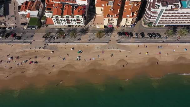 Мост Сесимбра Здания Пляж Атлантический Океан Португалия Выстрел Воздуха Дроны — стоковое видео