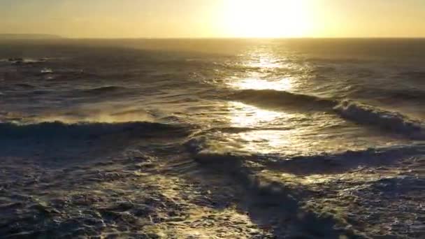 Atlantische Oceaan Bij Zonsondergang Nazare Portugal Grote Golven Luchtfoto Drone — Stockvideo