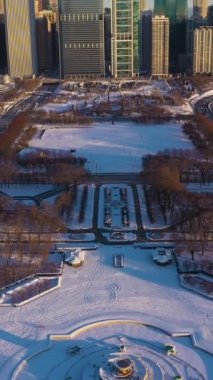Chicago 'nun Kentsel Skyline' ı Sunrise in Frosty Winter Morning 'de. New Eastside ve Michigan Gölü. Altın Saat. Hava görüntüsü. Amerika Birleşik Devletleri. Drone İleri Uçuyor, Eğil. Dikey Video